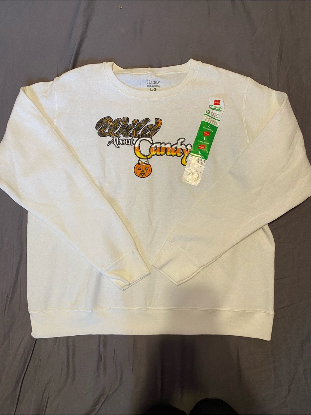 Hanes vintage white halloween 'wild about candy' sweatshirt, womens size L